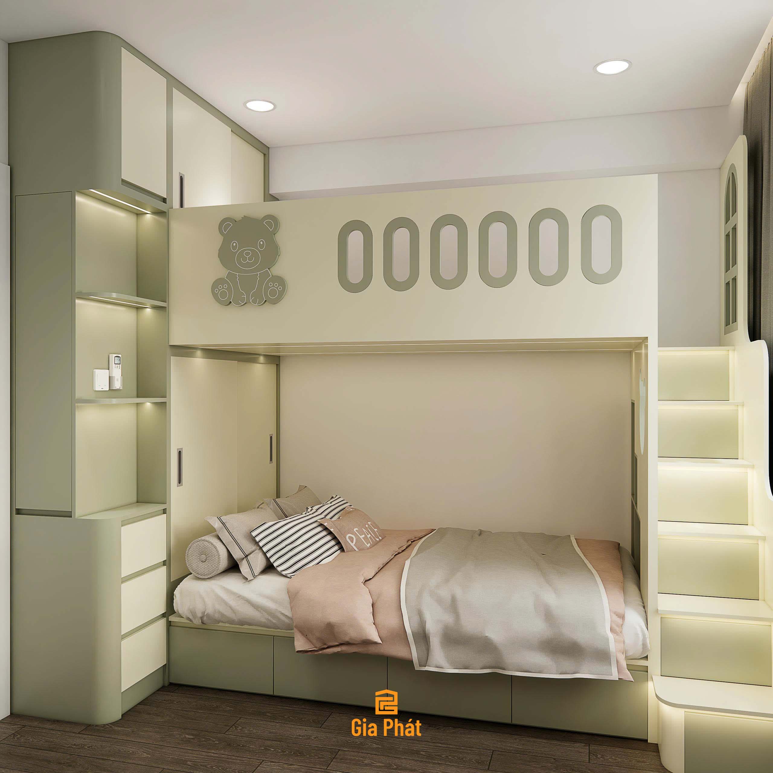 Phòng ngủ giường tầng xanh lá dễ thương cho bé