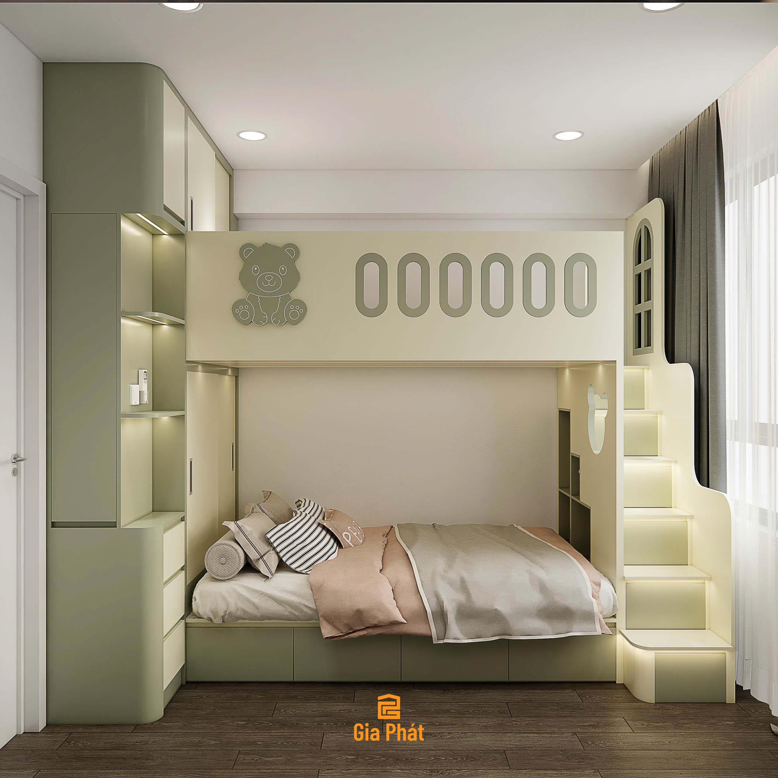Phòng ngủ giường tầng xanh lá dễ thương cho bé