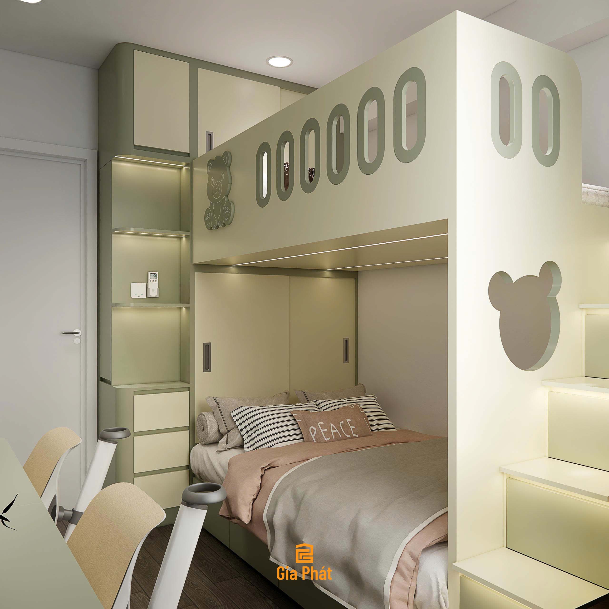 Phòng ngủ giường tầng xanh lá dễ thương cho bé
