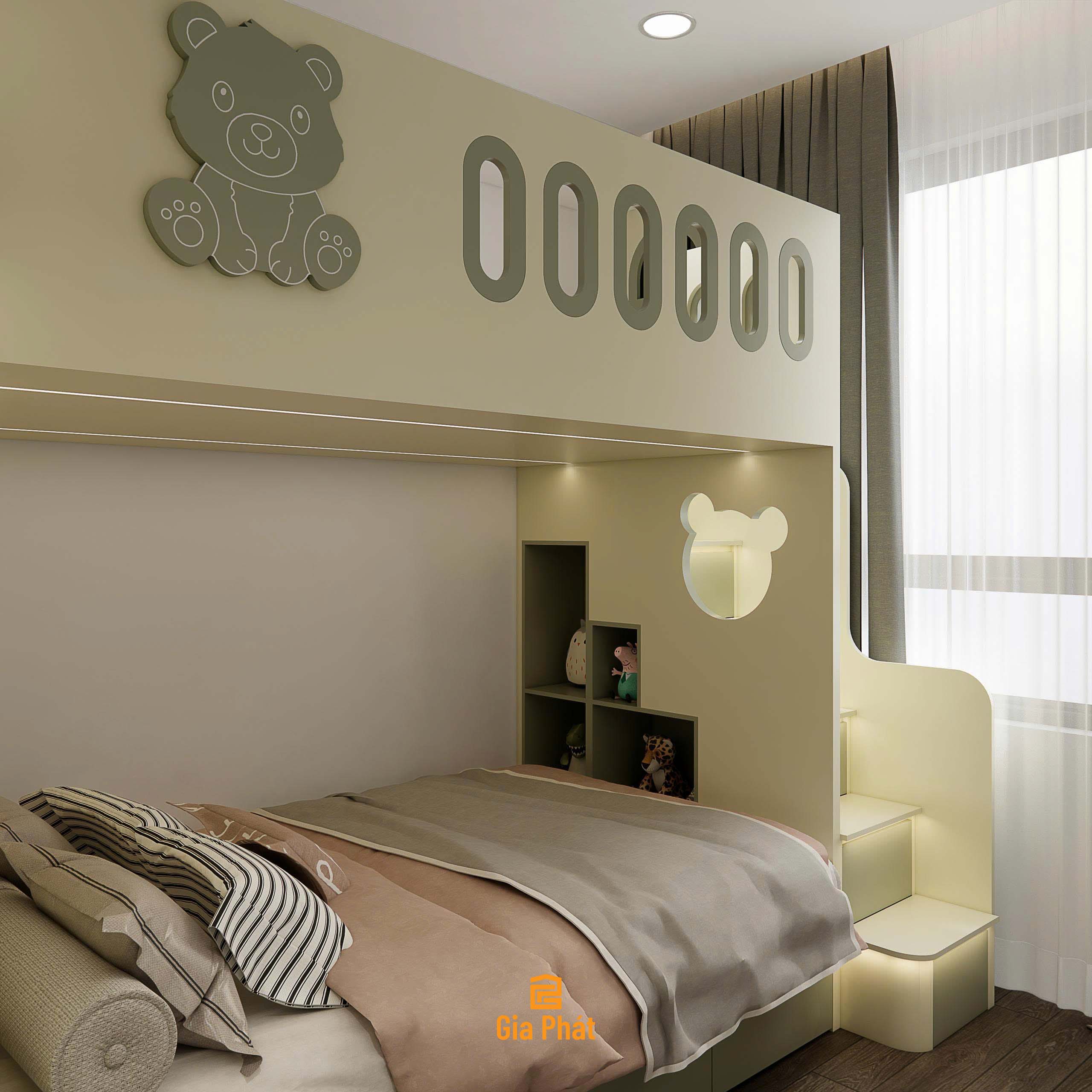 Phòng ngủ giường tầng xanh lá dễ thương cho bé