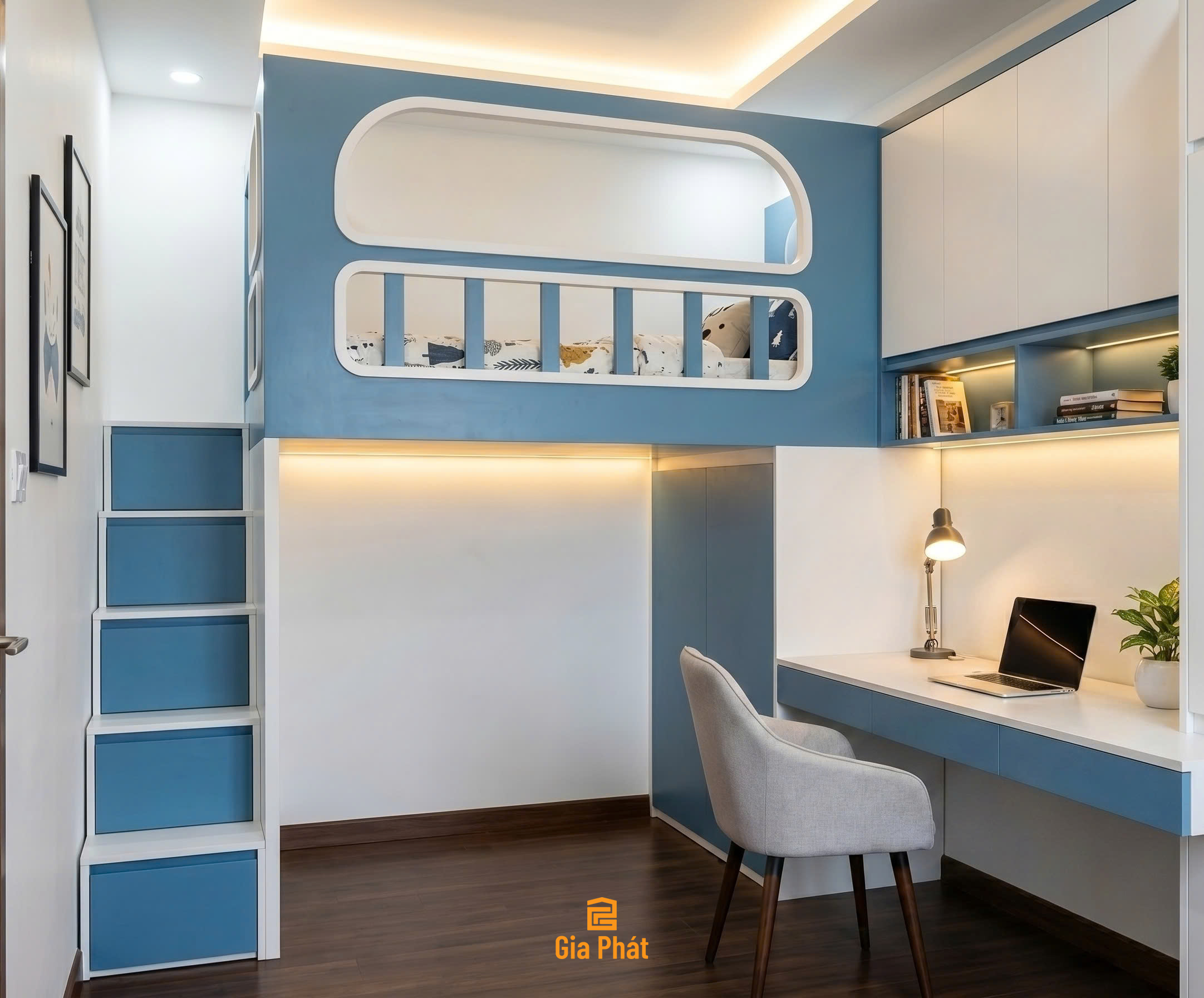 Giường tầng đa năng tone xanh dương cho bé trai
