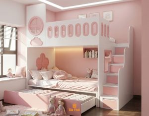 Phòng ngủ cho 3 bé gái với giường tầng đa năng