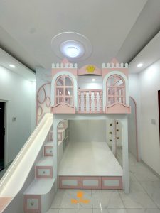 Giường tầng công chúa kết hợp khu vui chơi ngay trong phòng cho bé gái