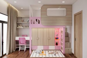 Giường tầng màu hồng dễ thương - Phòng ngủ cho 2 bé gái