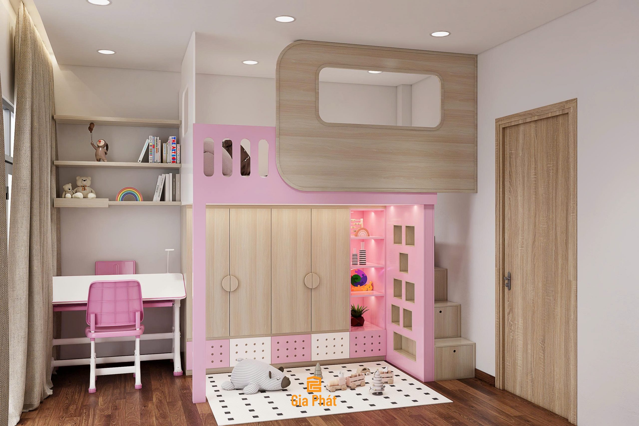 Giường tầng màu hồng dễ thương - Phòng ngủ cho 2 bé gái