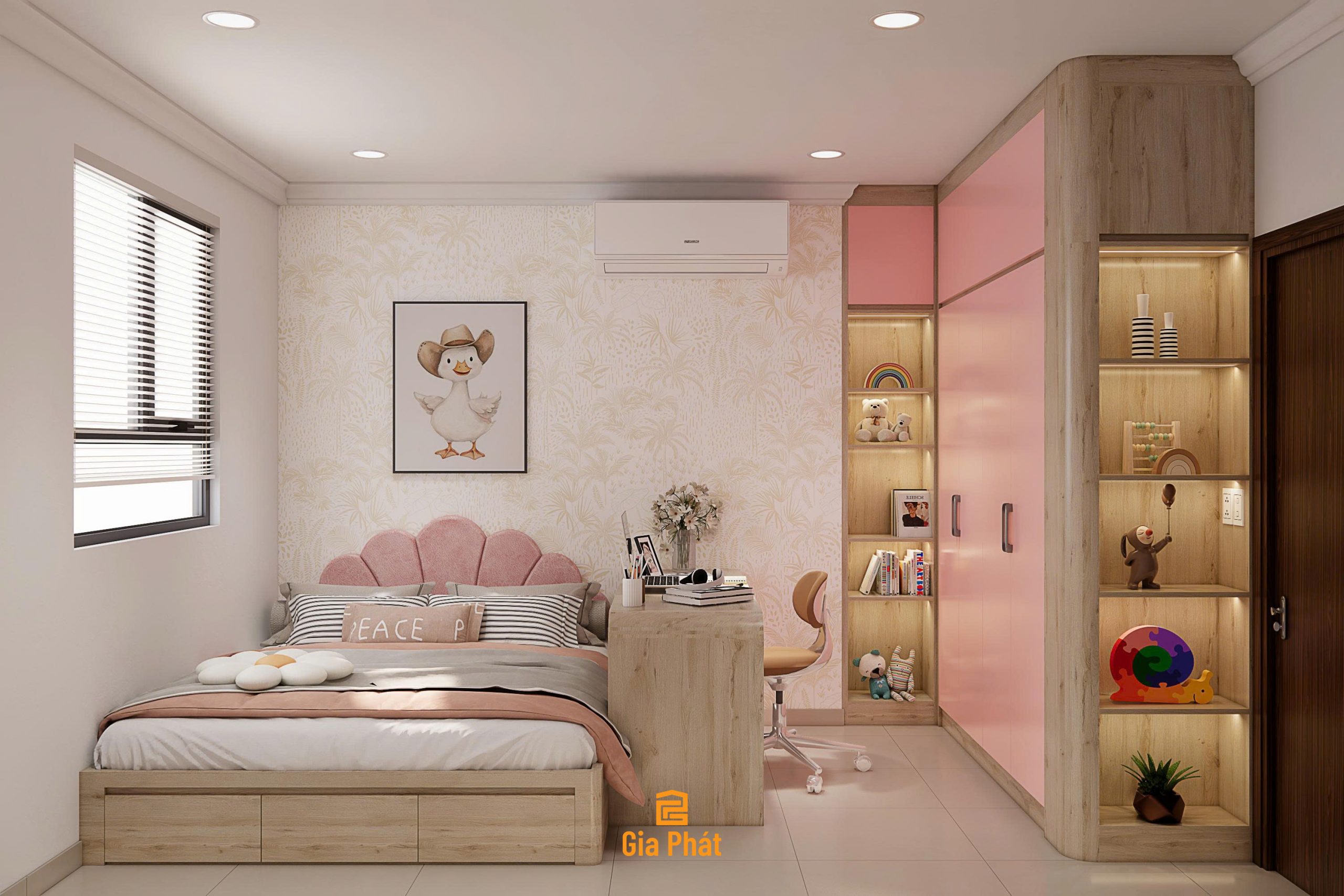 Phòng ngủ màu hồng đáng yêu cho bé gái