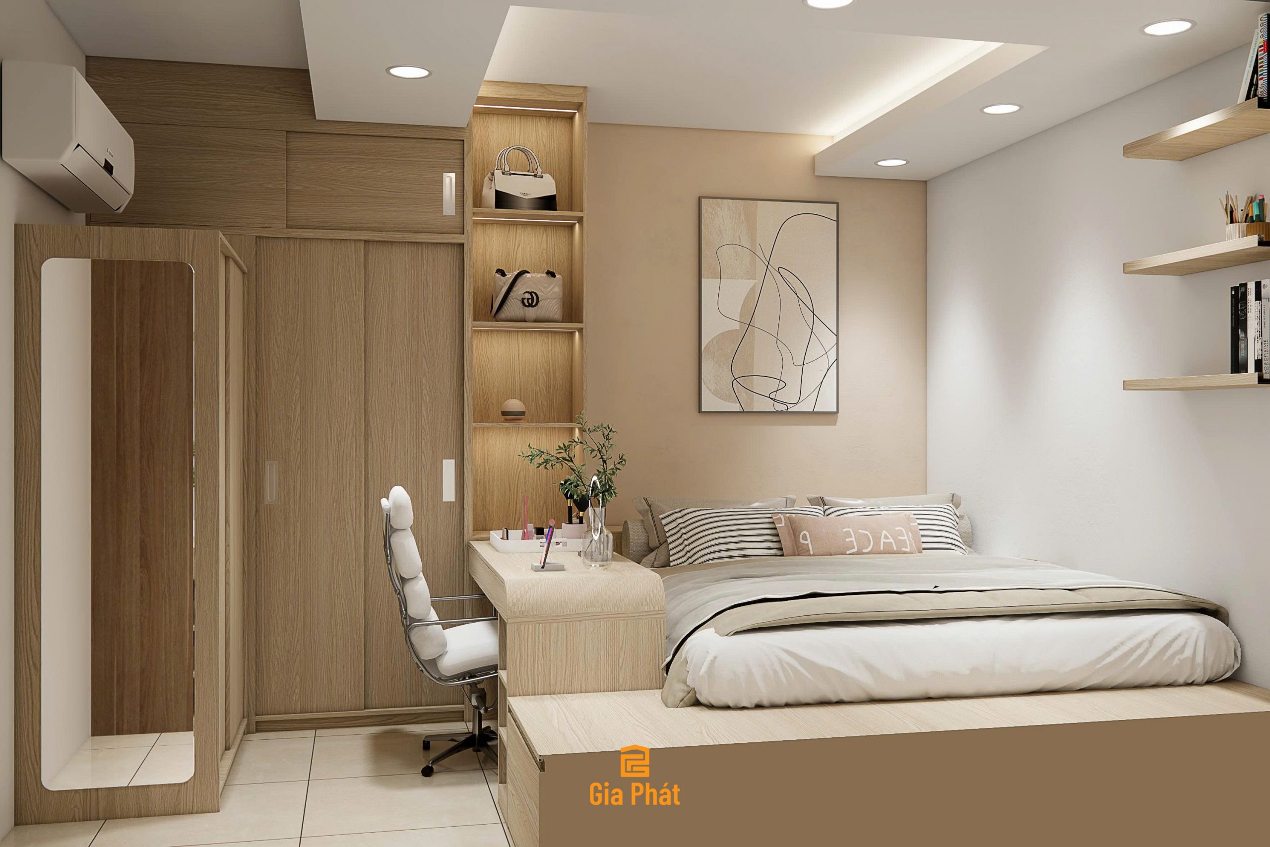 Phòng ngủ master tone màu gỗ ấm, phong cách hiện đại