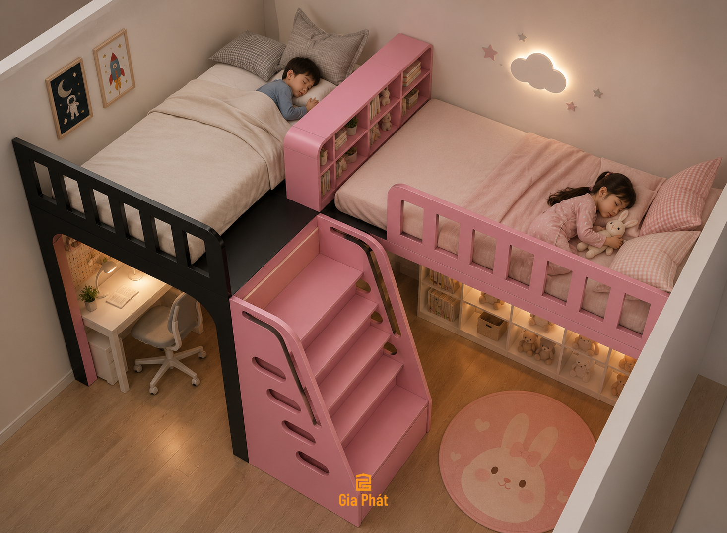 Giường tầng đen hồng cho bé trai và bé gái