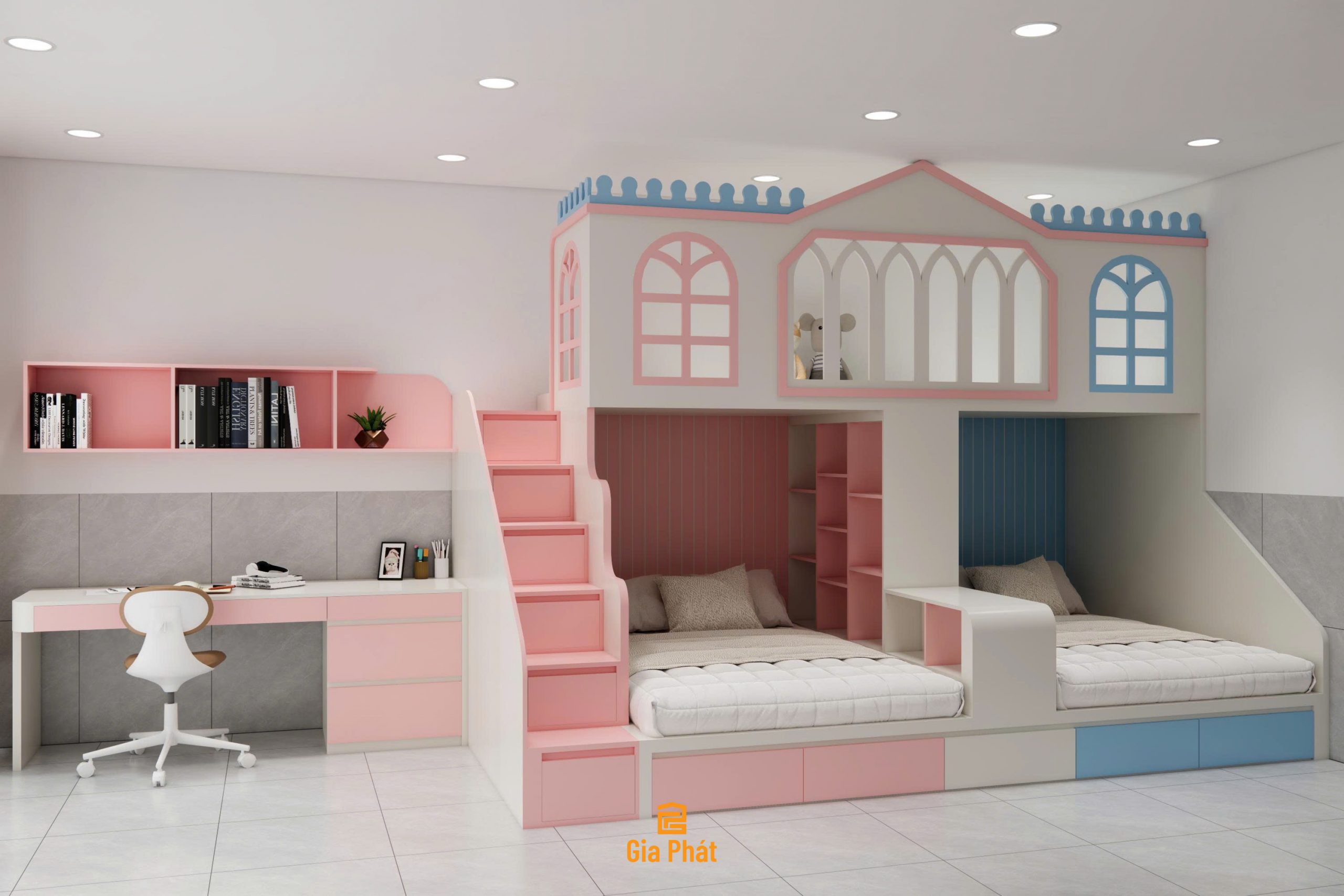Giường tầng lâu đài mẫu mới cho 2 bé chung 1 phòng