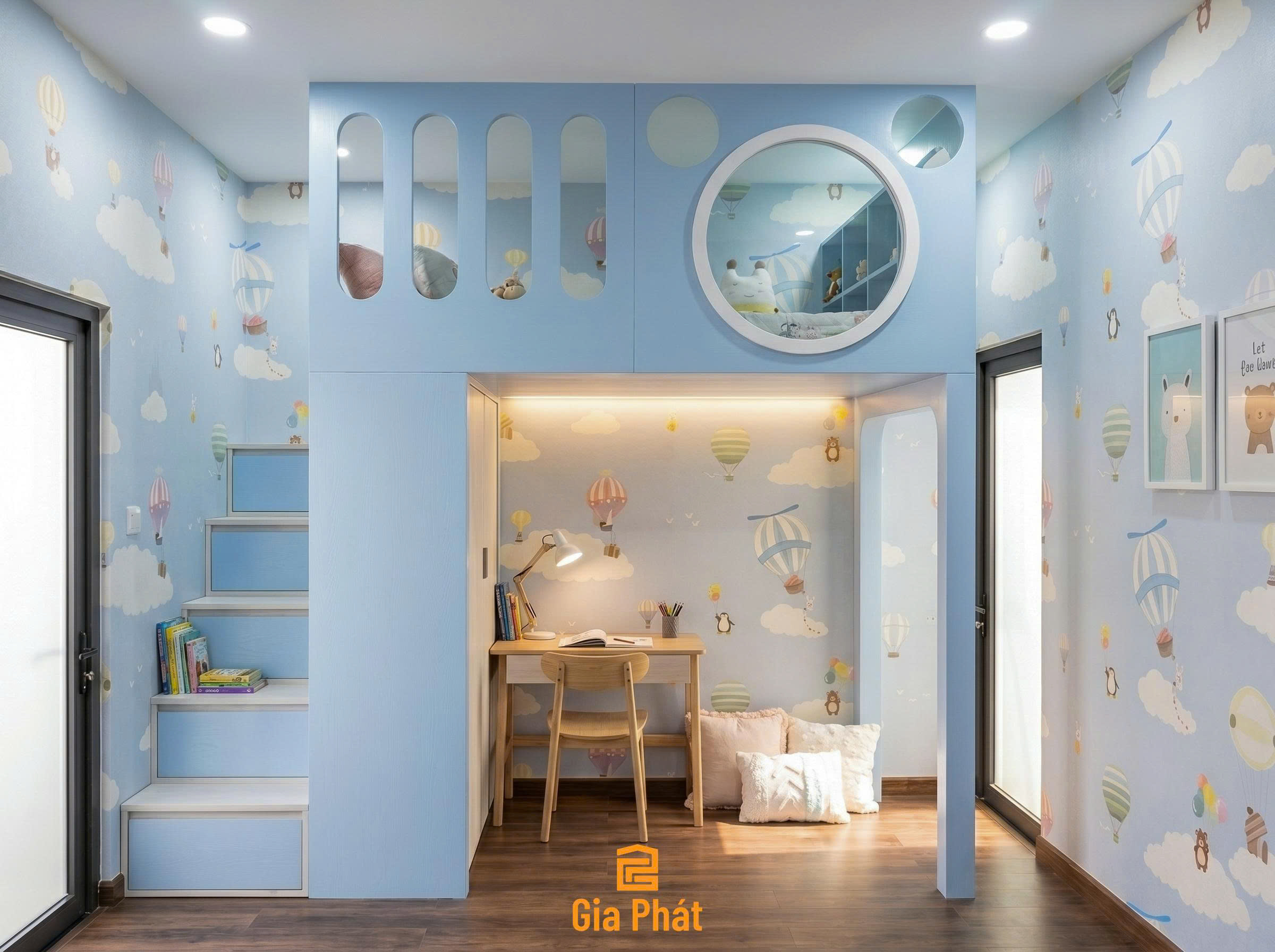 Giường tầng đa năng - Phòng ngủ cho bé trai màu xanh da trời