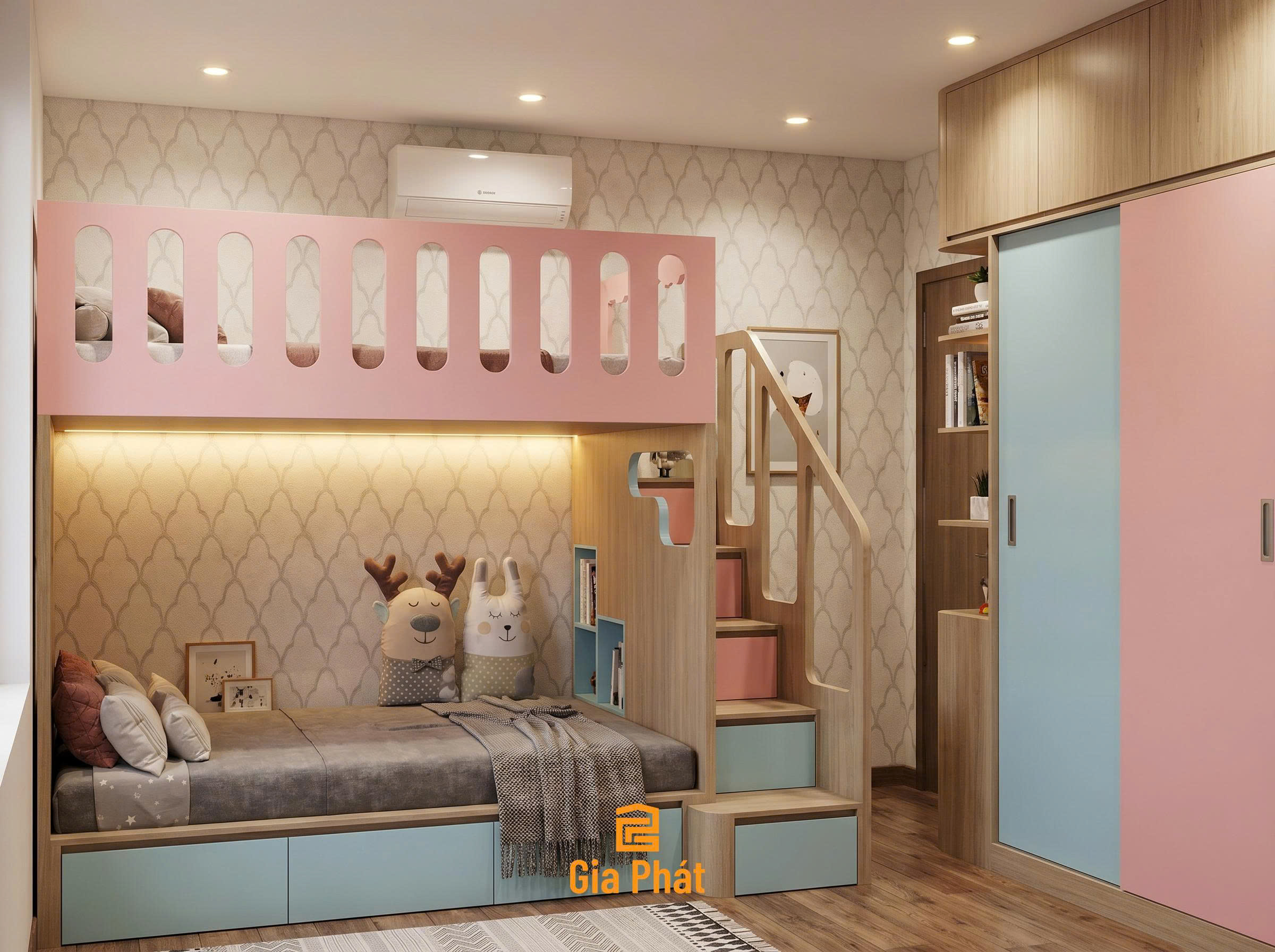 Giường tầng cho bé trai và bé gái màu pastel dễ thương