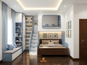 Phòng ngủ cho 2 bé trai hiện đại với tone màu xanh trắng