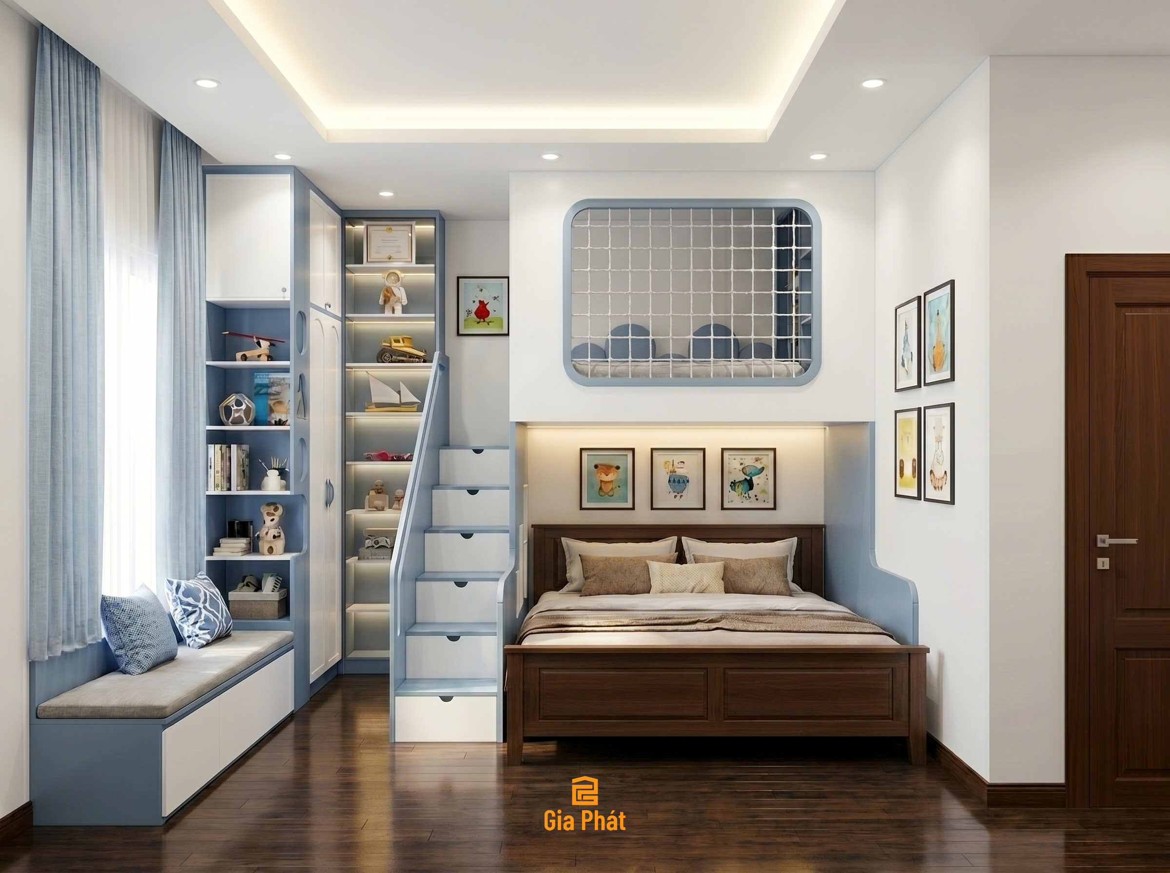 Phòng ngủ cho 2 bé trai hiện đại với tone màu xanh trắng