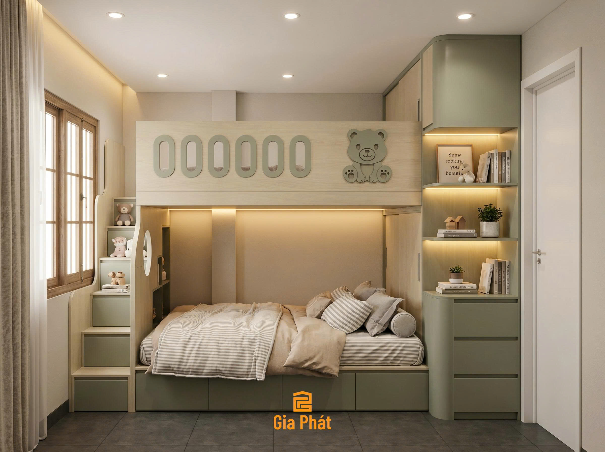 Giường tầng màu xanh lá, phòng ngủ cho 2 bé