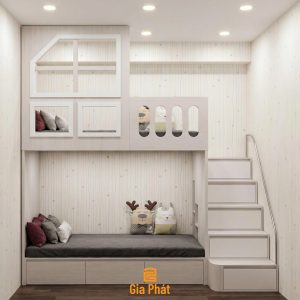 Giường tầng với màu gỗ sáng giúp cho không gian thêm rộng rãi