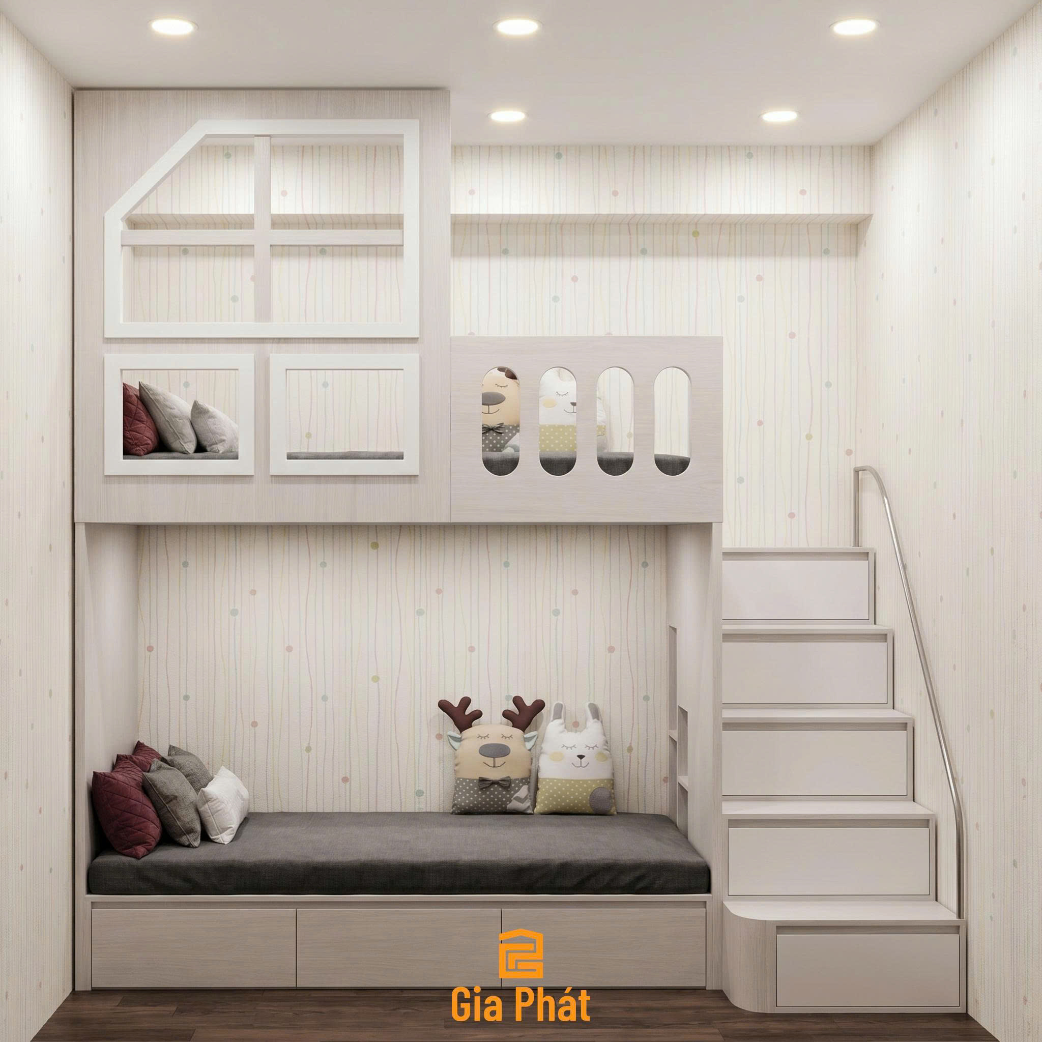 Giường tầng với màu gỗ sáng giúp cho không gian thêm rộng rãi