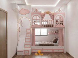 Giường tầng lâu đài cho 2 cô công chúa nhỏ, có kết hợp cầu trượt