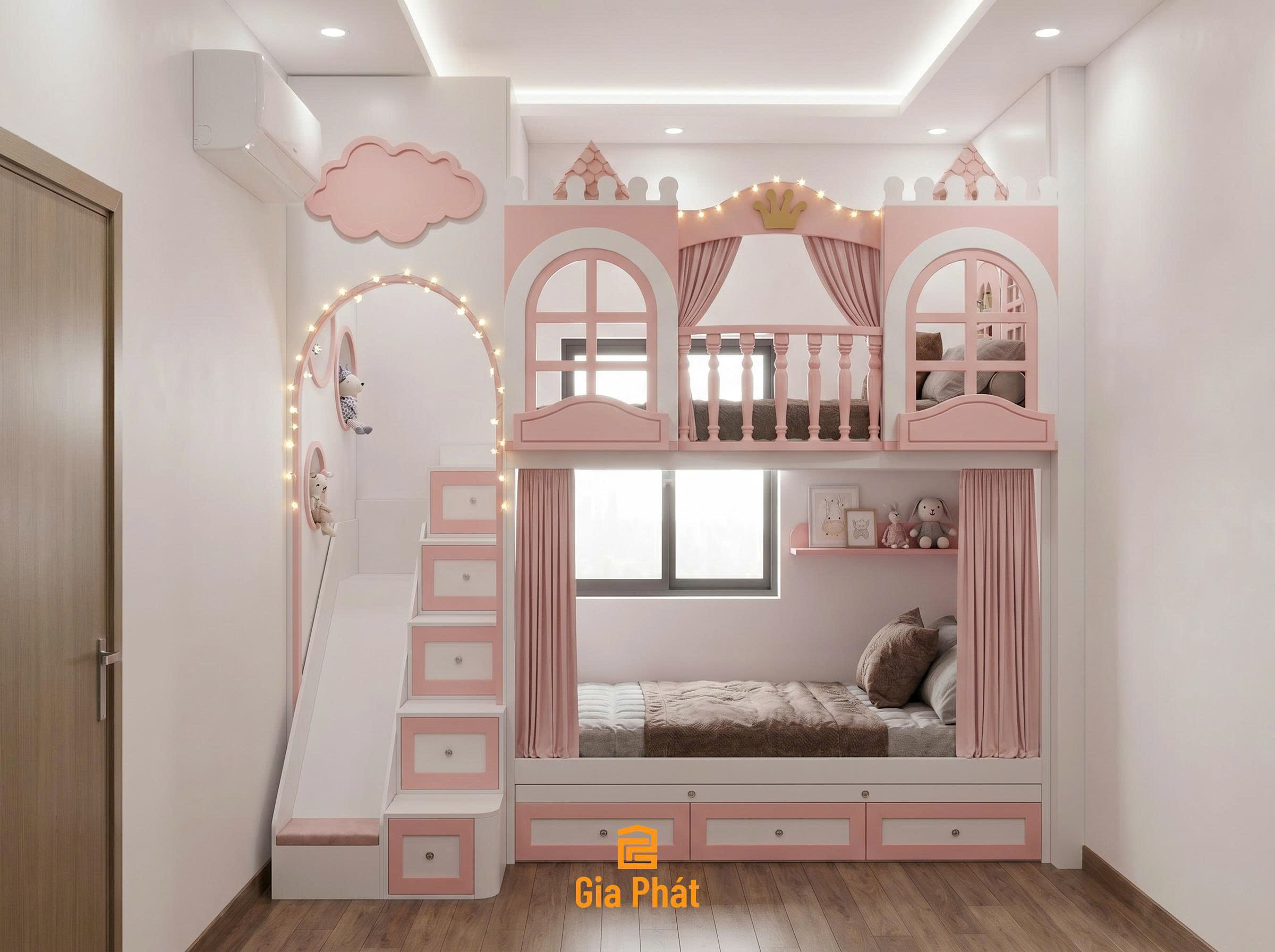 Giường tầng lâu đài cho 2 cô công chúa nhỏ, có kết hợp cầu trượt