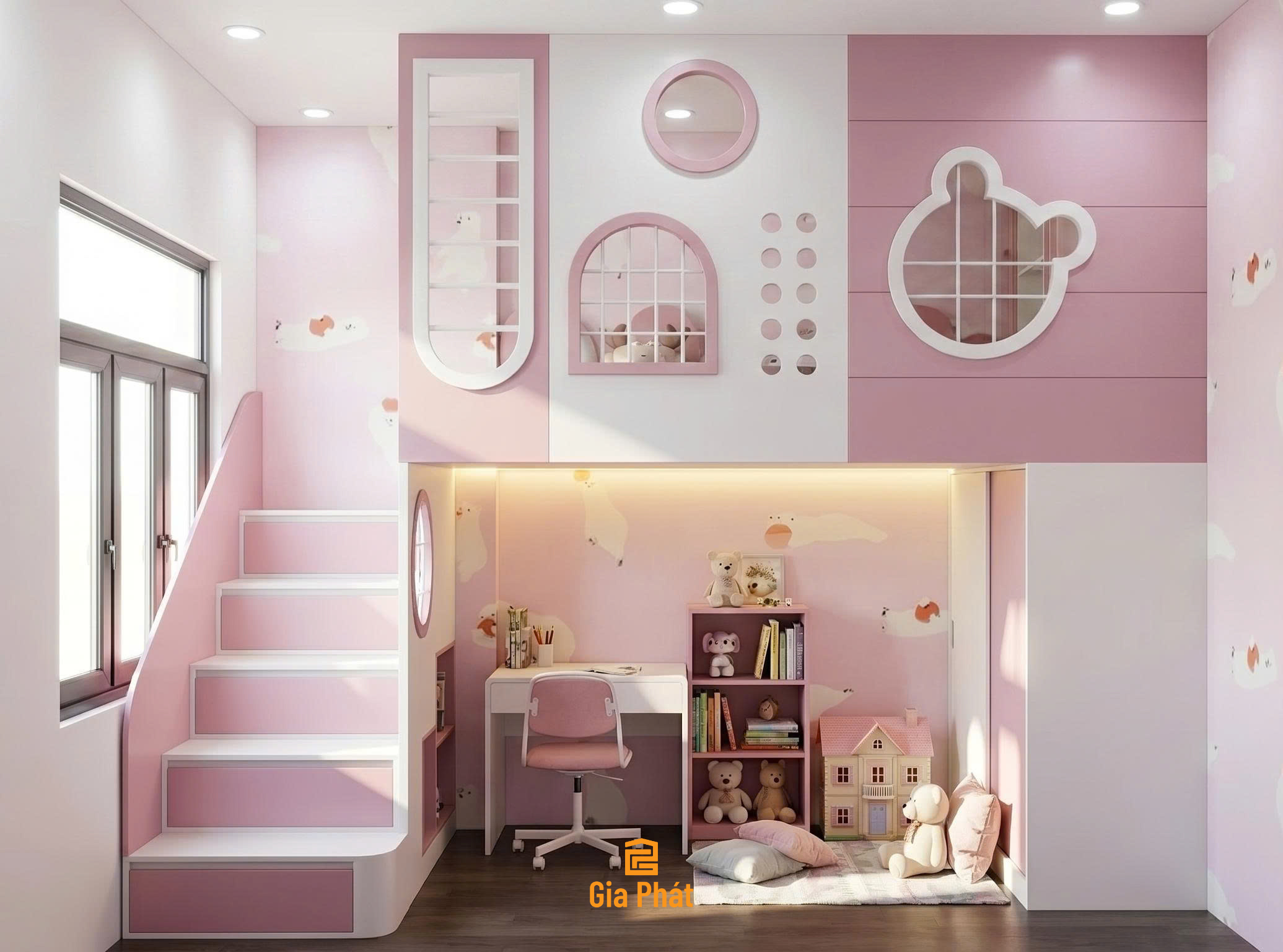Giường tầng cho bé gái với thiết kế gấu hồng dễ thương