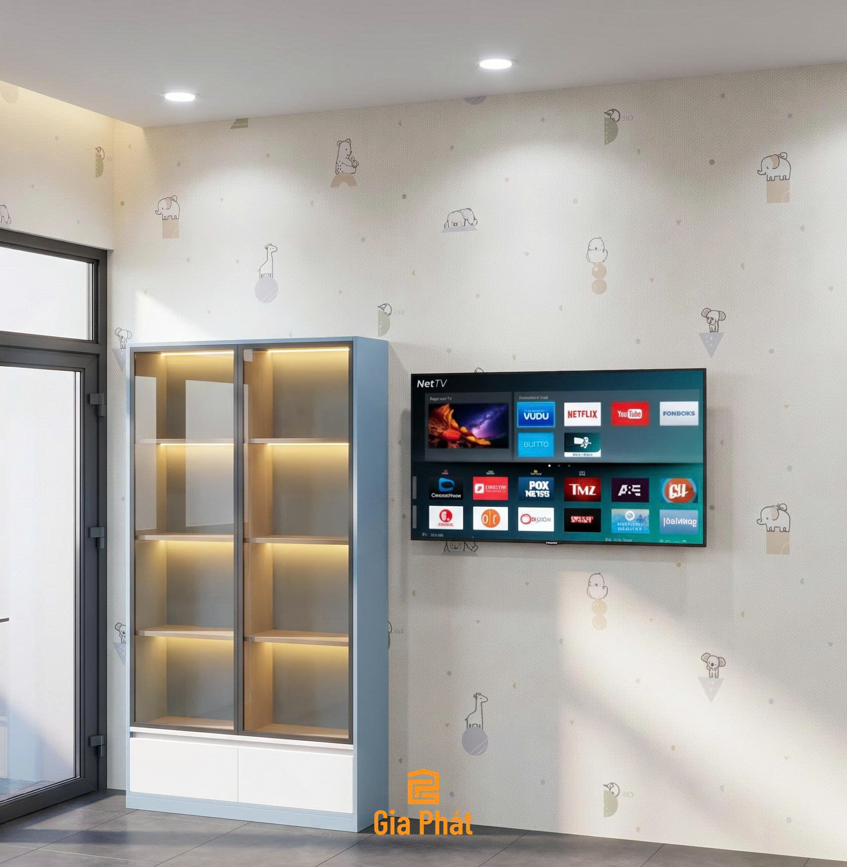 Hình 3D mẫu phòng ngủ cho 2 bé trai tone xanh dương với giường sàn phân chia không gian