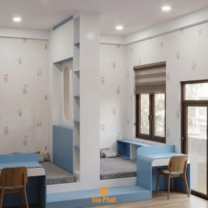 Hình 3D mẫu phòng ngủ cho 2 bé trai tone xanh dương với giường sàn phân chia không gian