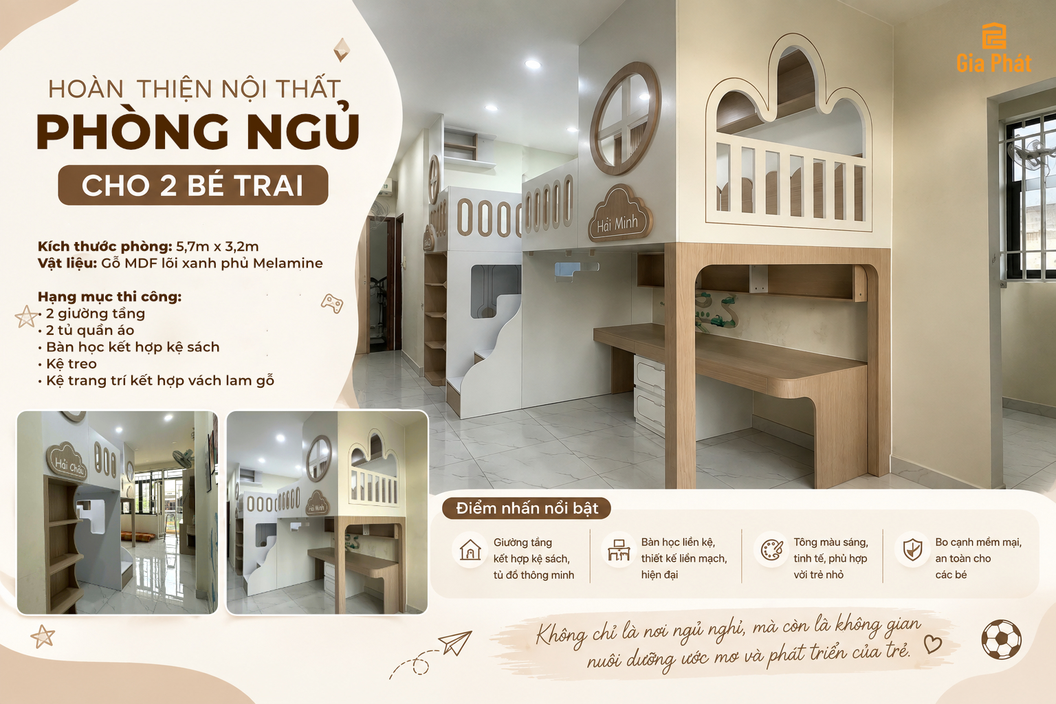 Phòng ngủ cho 2 bé trai với 2 giường tâng riêng biệt