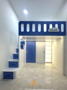 Giường tầng mẫu xanh trắng đơn giản cho 2 bé trai