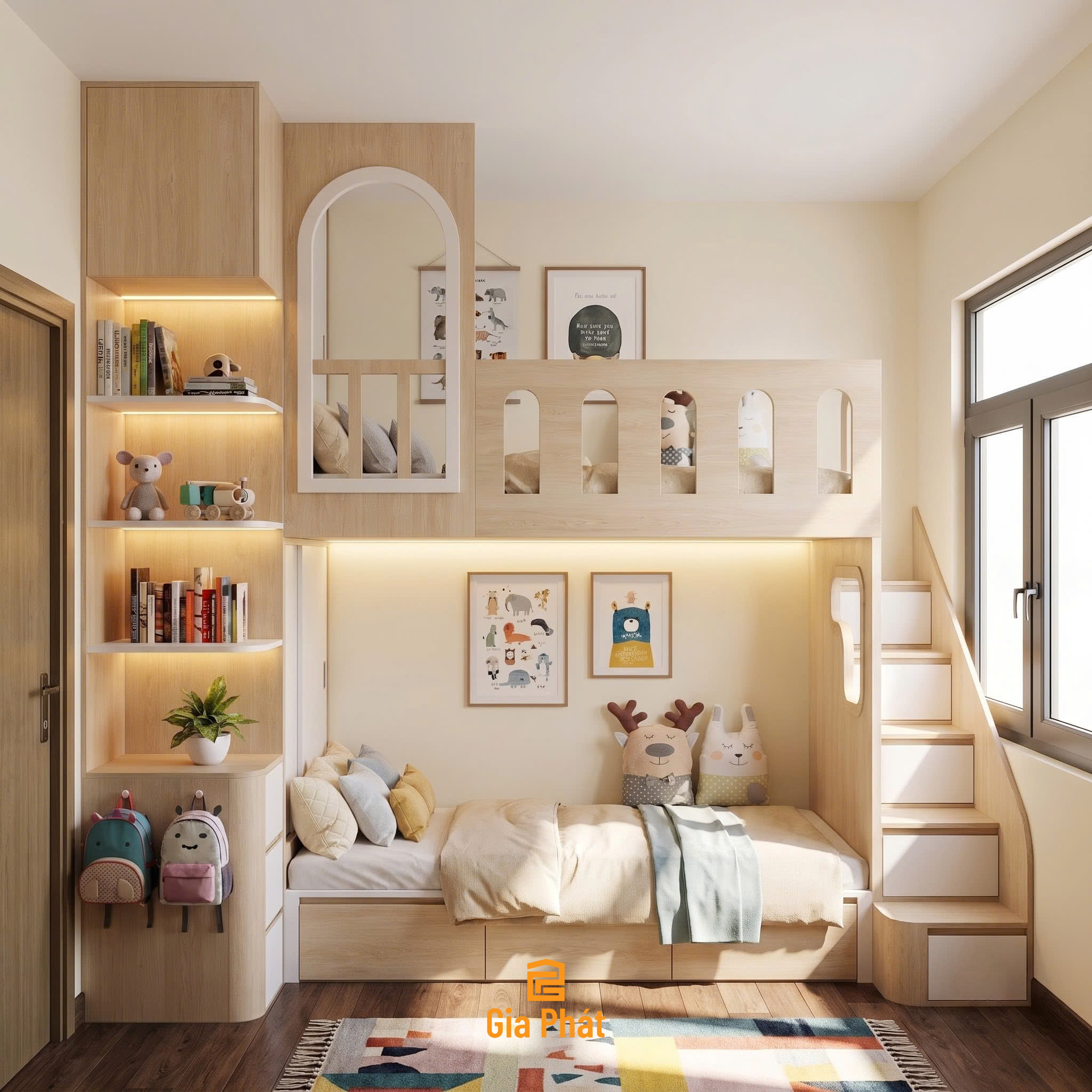 Một mẫu giường tầng đơn giản nhưng đáp ứng được nhu cầu phân chia không gian cho bé trai và bé gái chung 1 phòng