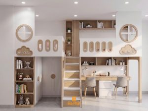 Phòng ngủ cho 2 bé trai với thiết kế 2 giường tầng riêng biệt, mỗi bé một không gian