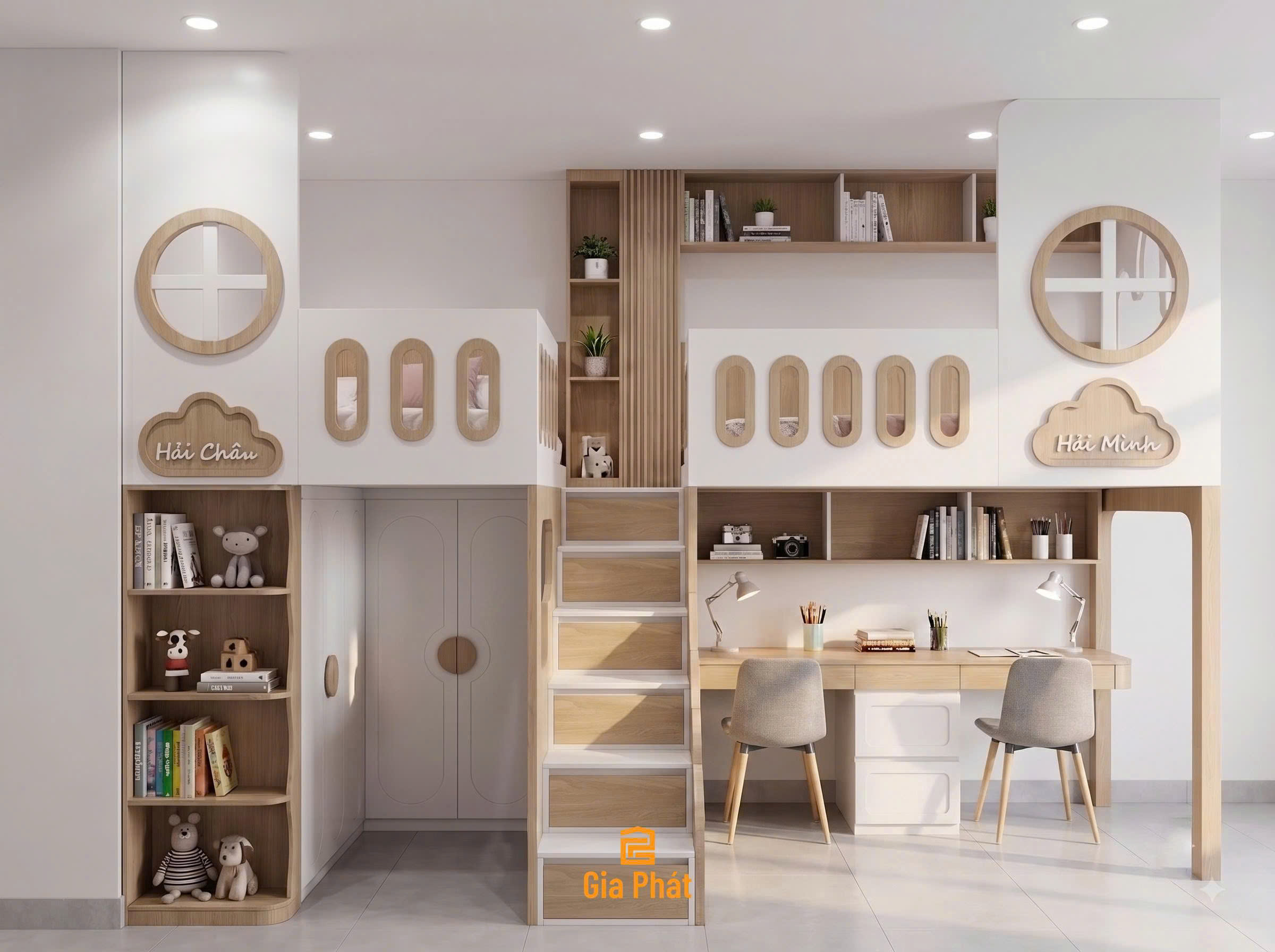 Phòng ngủ cho 2 bé trai với thiết kế 2 giường tầng riêng biệt, mỗi bé một không gian