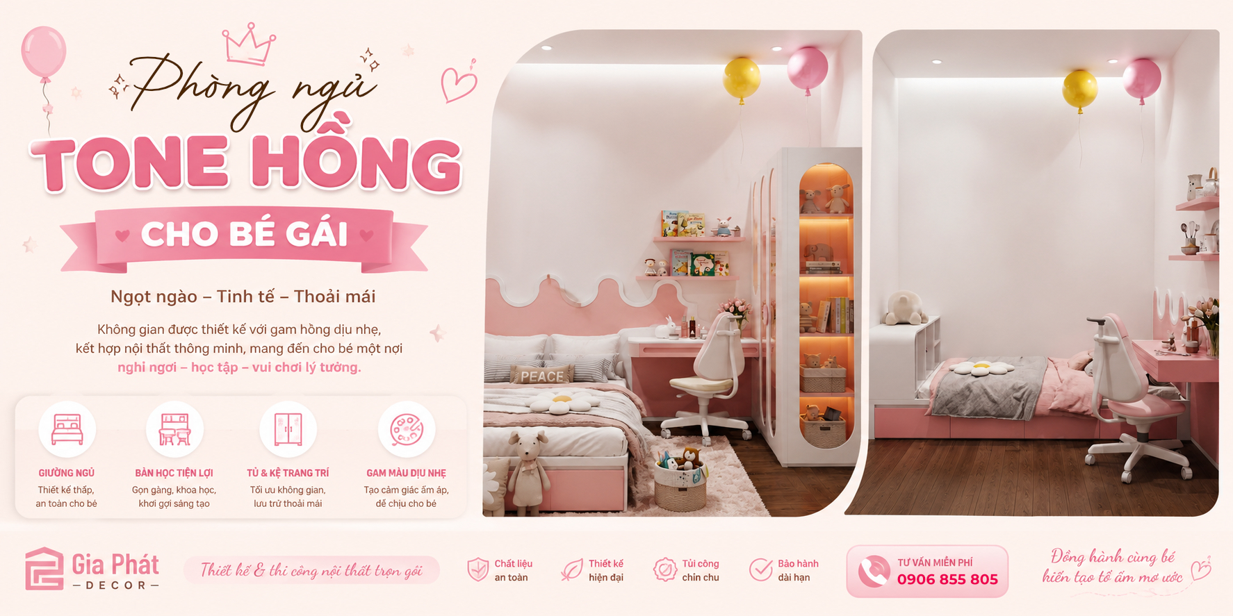 Phòng ngủ hồng dễ thương cho bé gái
