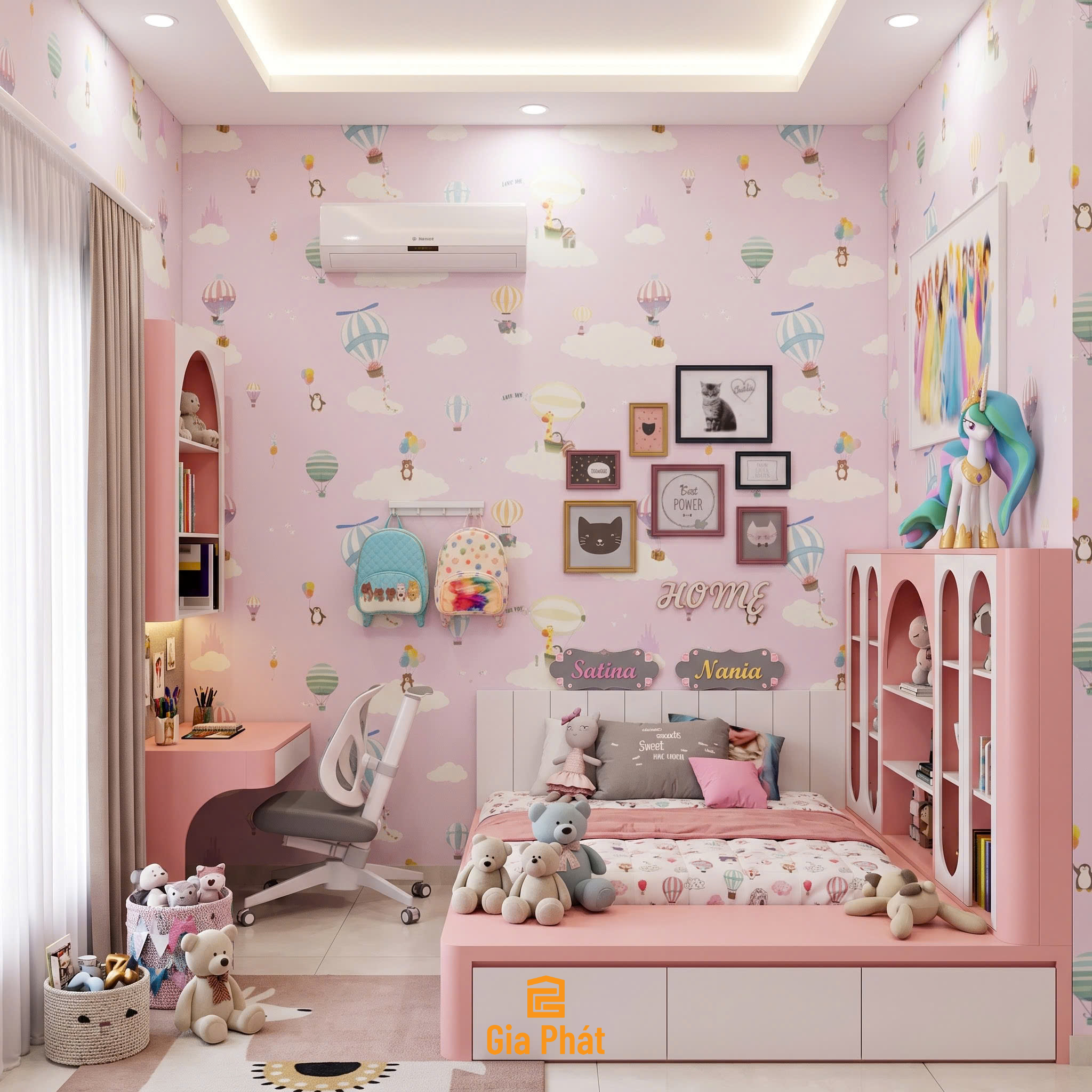 Một chiếc phòng ngủ tone hồng dễ thương dành cho bé gái