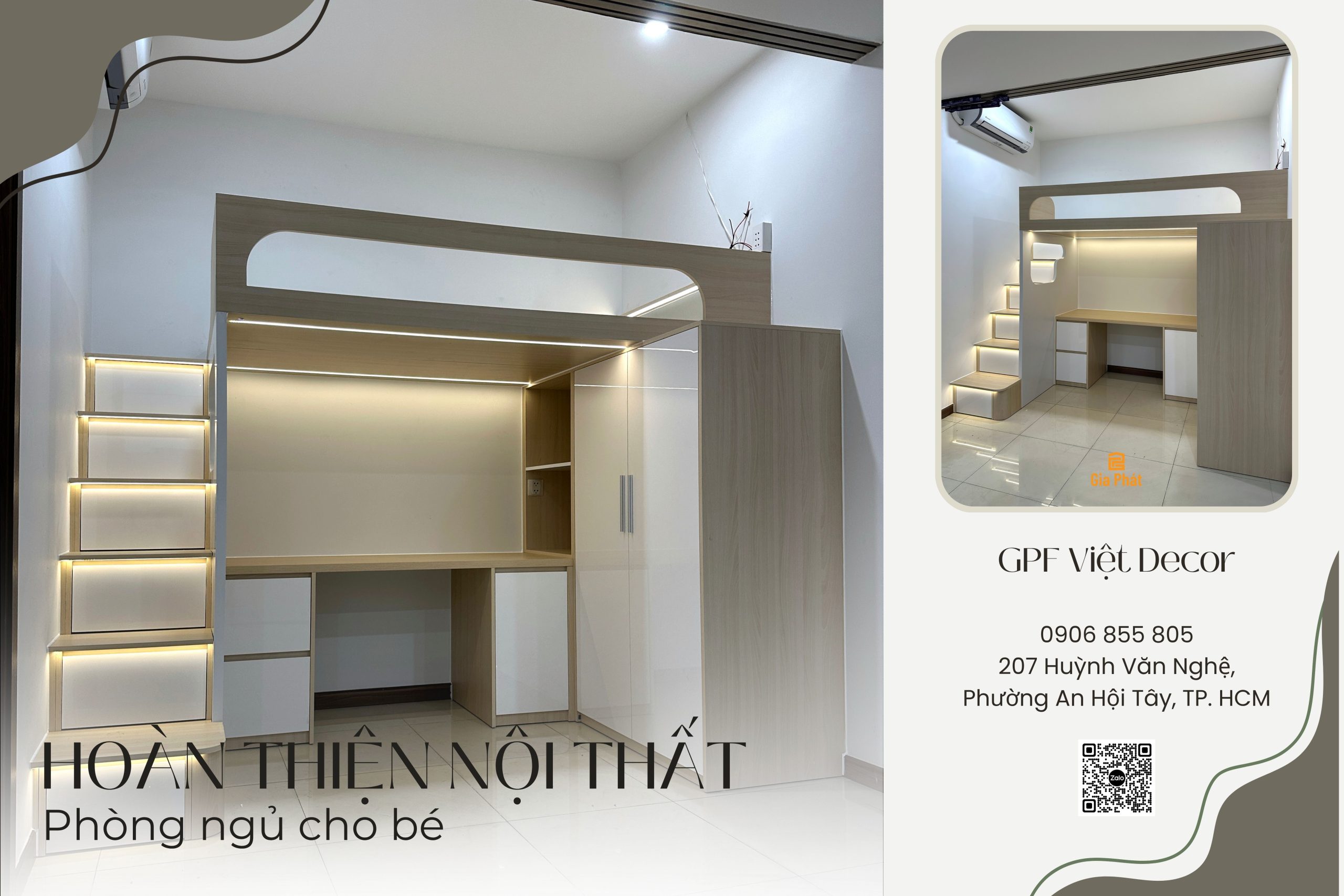 Phòng ngủ cho 1 bé với thiết kế 3 trong 1: Giường tầng, tủ quần áo, bàn học