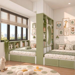 Giường sàn vách ngăn xanh lá - Phòng ngủ đôi cho 2 bé