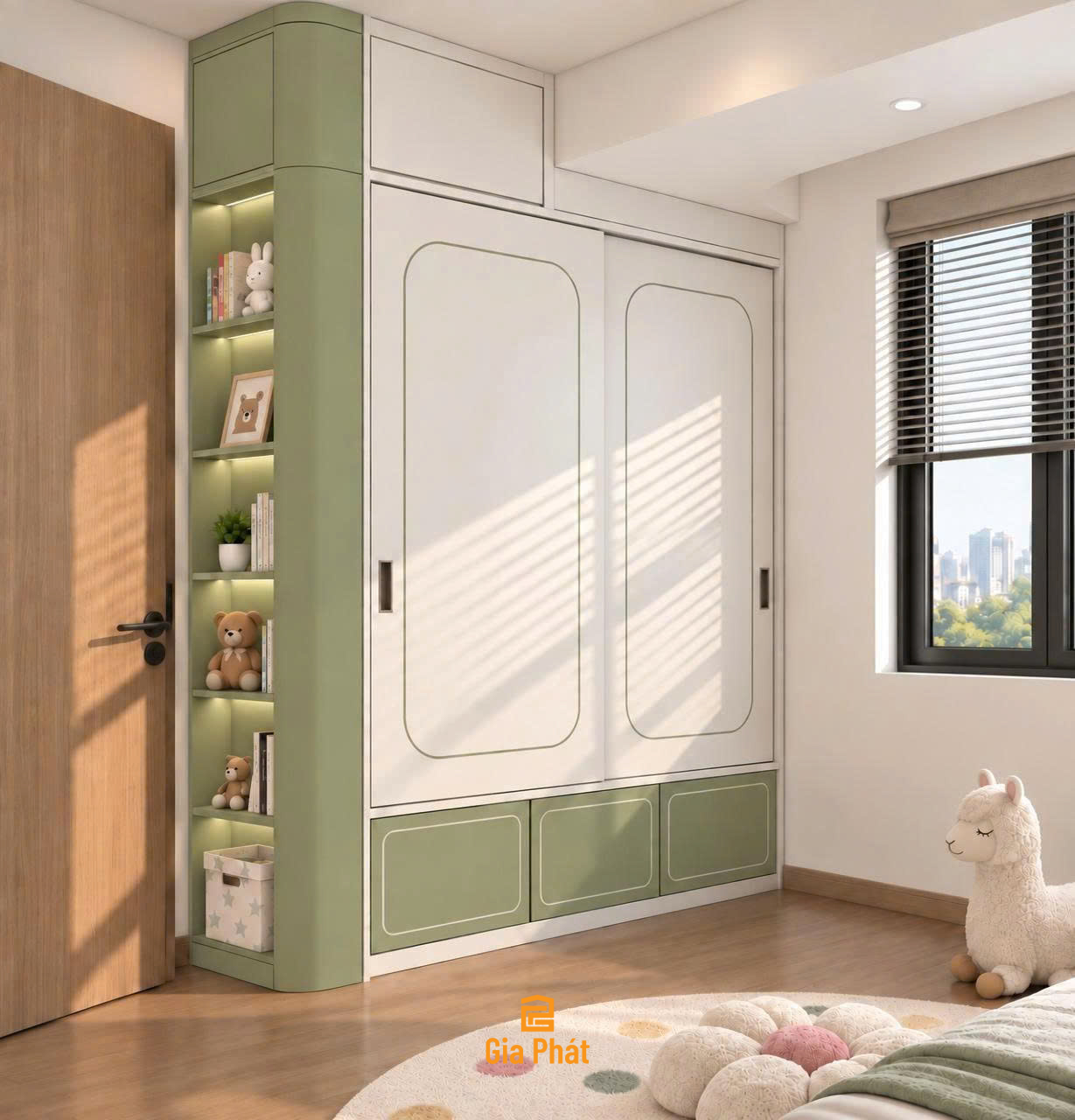 Giường sàn vách ngăn xanh lá - Phòng ngủ đôi cho 2 bé