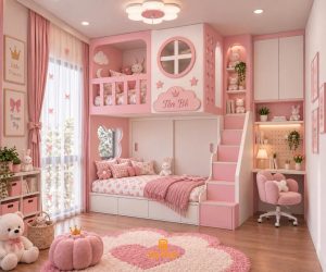 Giường tầng màu hồng ngọt ngào - Phòng ngủ cho 2 bé gái