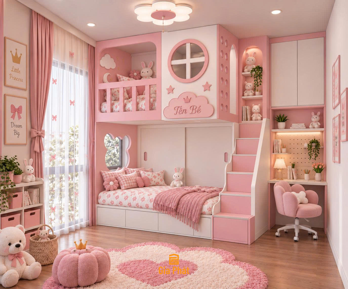Giường tầng màu hồng ngọt ngào - Phòng ngủ cho 2 bé gái