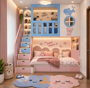 Thêm mẫu thiết kế giường tầng mới dễ thương cho bé trai và bé gái chung 1 phòng