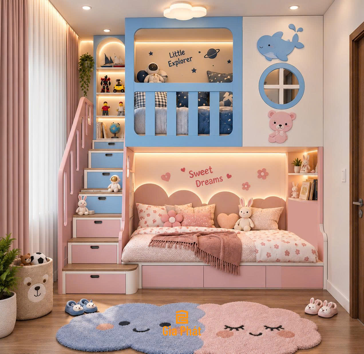 Thêm mẫu thiết kế giường tầng mới dễ thương cho bé trai và bé gái chung 1 phòng