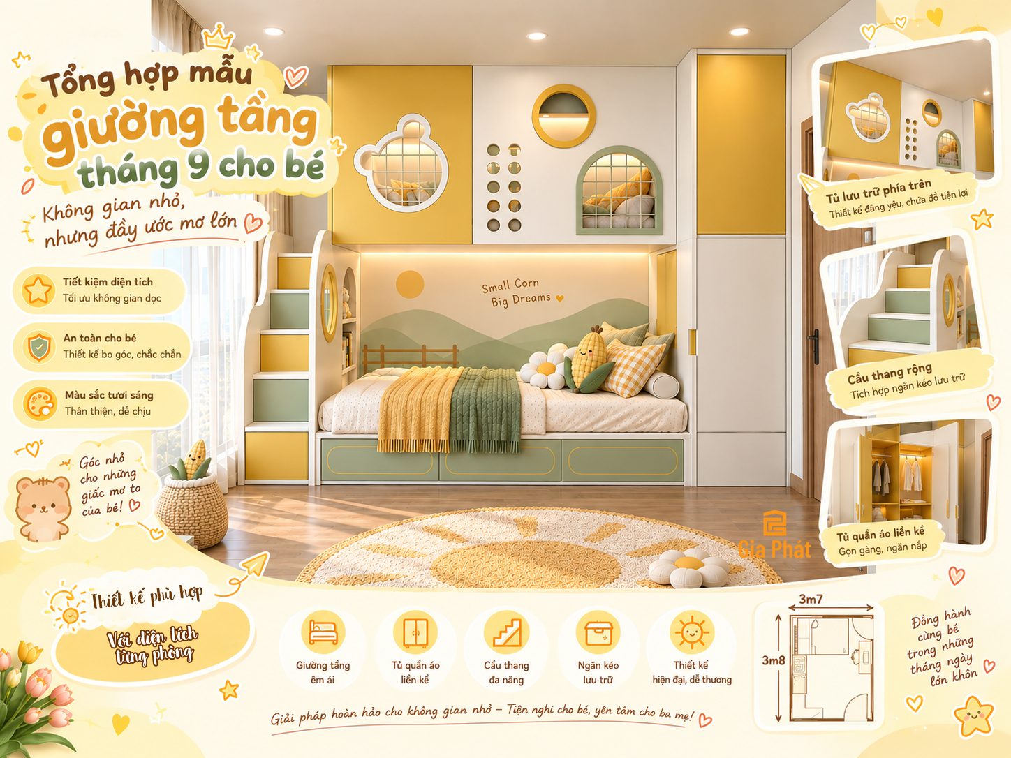 Mẫu giương tầng phối màu tươi sáng cho phòng ngủ của bé thêm màu sắc