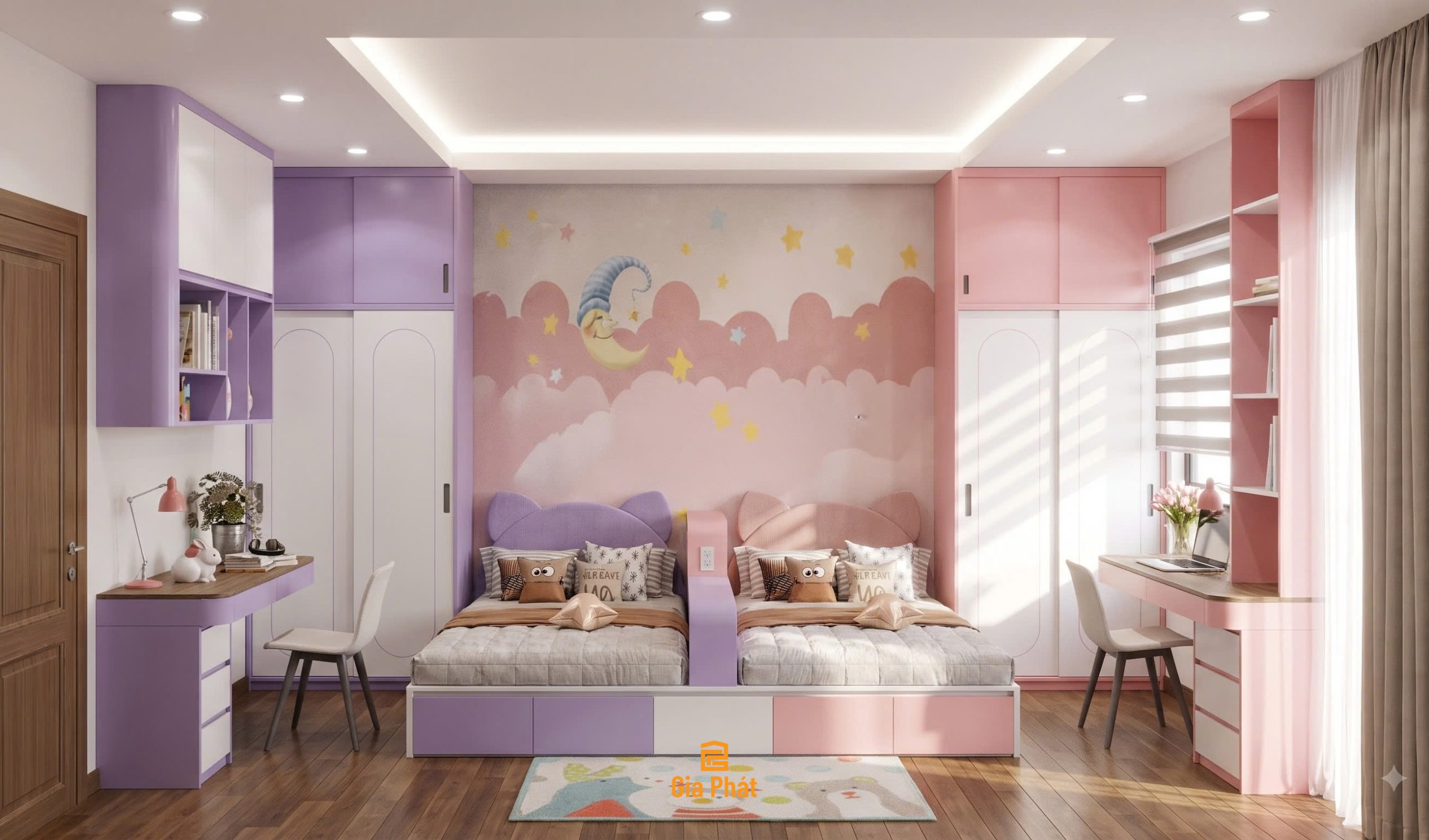 Mẫu giường sàn đôi mới cho phòng ngủ 2 bé gái