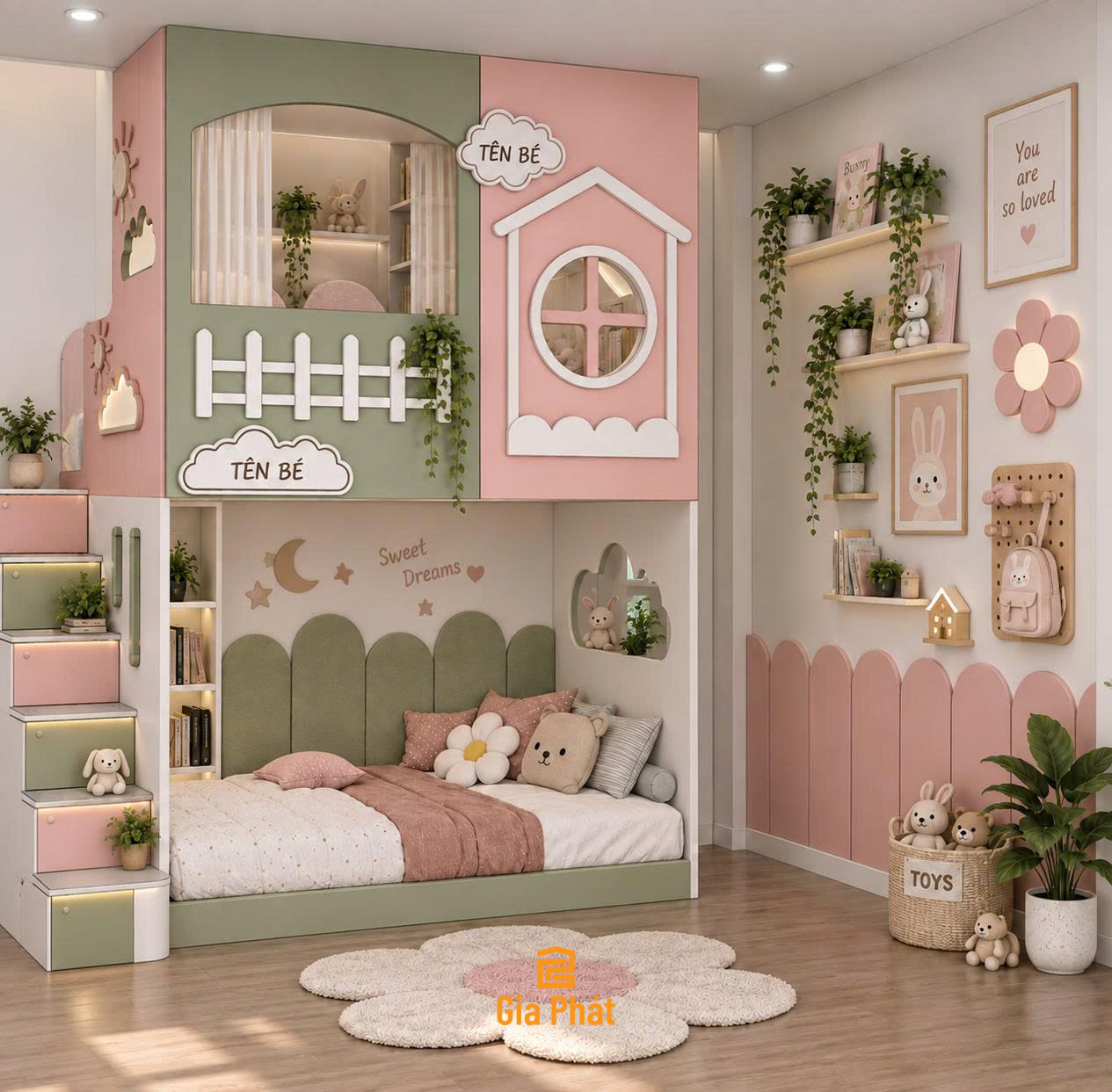 Giường tầng hồng - xanh lá cây cho bé trai và bé gái