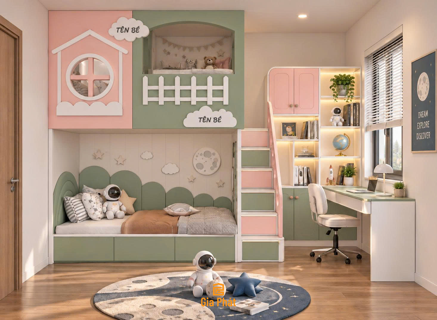 Giường tầng hồng - xanh lá cây cho bé trai và bé gái