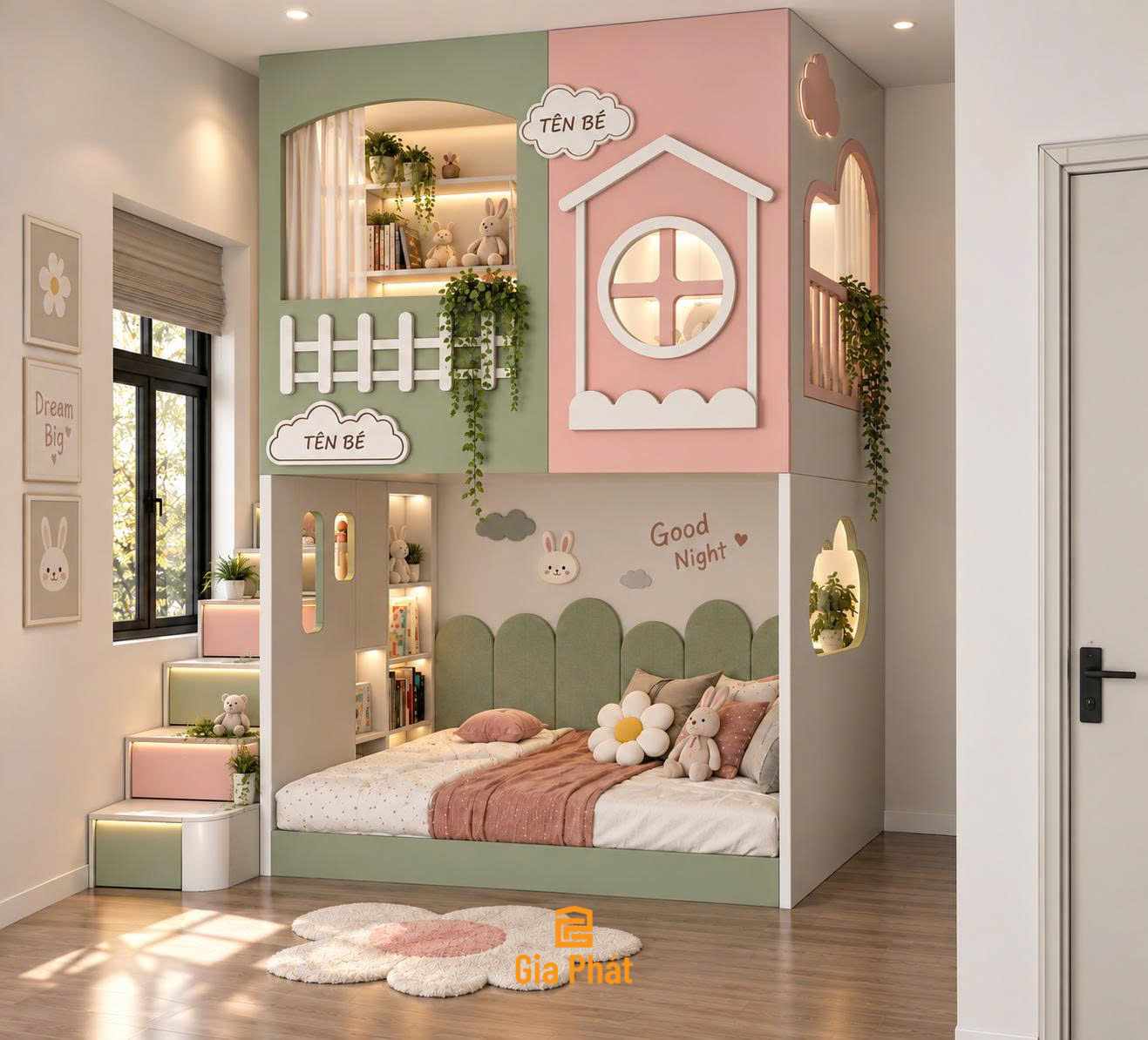 Giường tầng hồng - xanh lá cây cho bé trai và bé gái