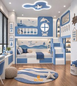 Phòng ngủ giường tầng thiết kế theo chủ đề biển xanh