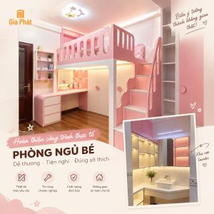 Hoàn thiện công trình thực tế phòng ngủ cho bé gái - Giường tầng đa năng